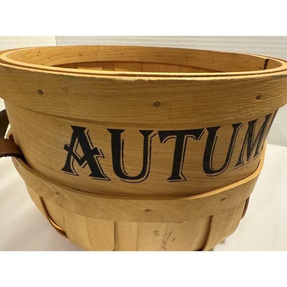 Farmhouse Autumn Wood Basket Leather Handles, Fall, Apple Container Organization - Picture 2 of 11